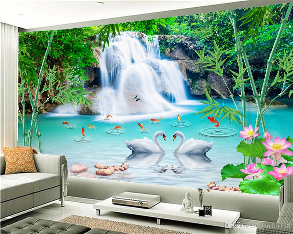 Self Adhesive Poster,WALLPAPER,3D Waterfall Gold Fishes wall poster living room, hall, bedroom 