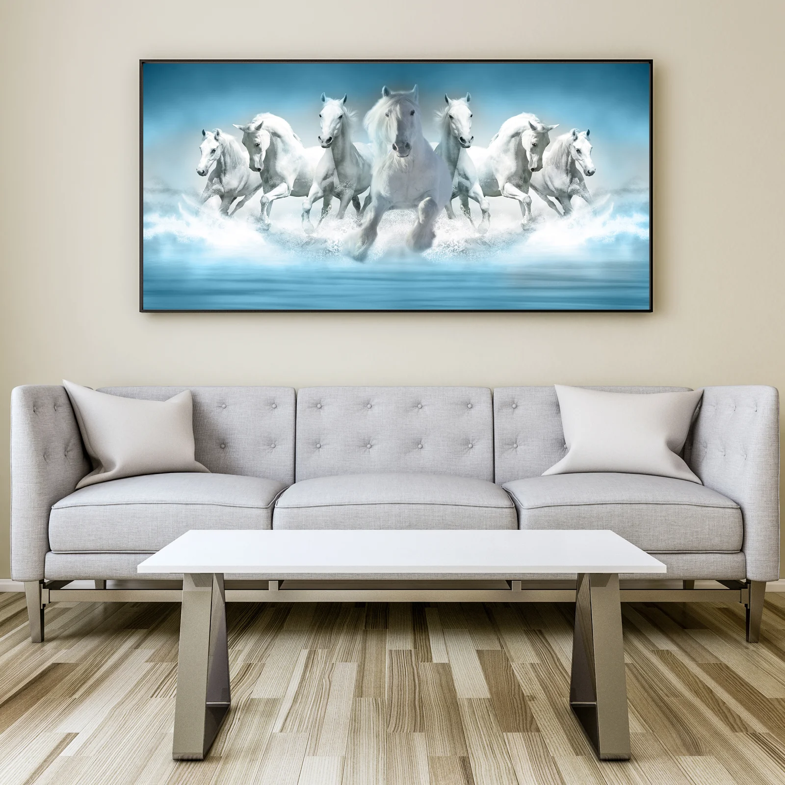 Canvas Wall Art,PAINTINGS,Seven White Running Horses Canvas Wall Painting